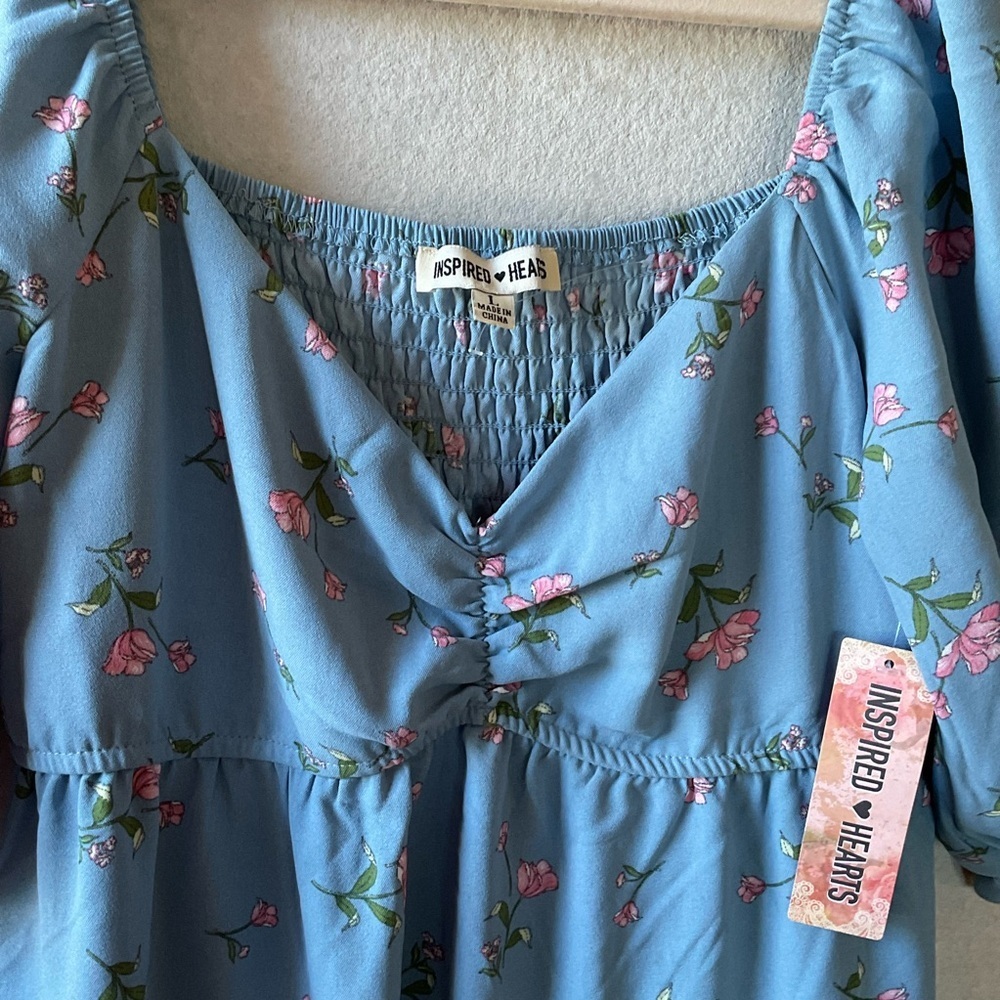 Inspired Hearts Floral Blue Dress. NWT Tiered skirt. Puffy sleeves. Size L. - Picture 4 of 9
